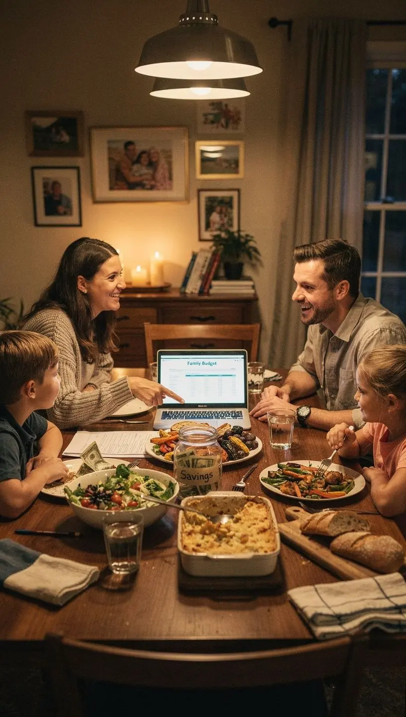 Családtagok közötti pénzügyi megbeszélés, ahol a költségvetés tervezése zajlik.